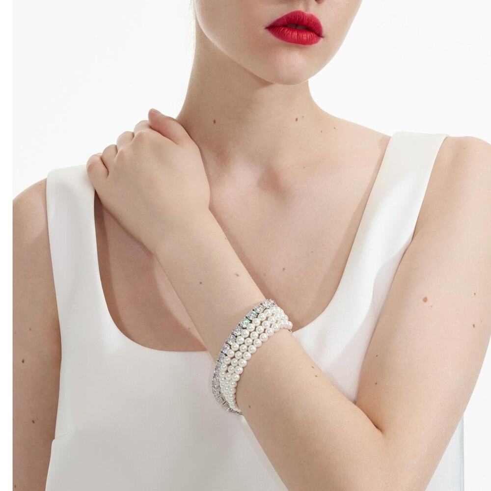 New with Box/Tag Self-Portrait Stacked Pearl Diamante Silver Bracelet